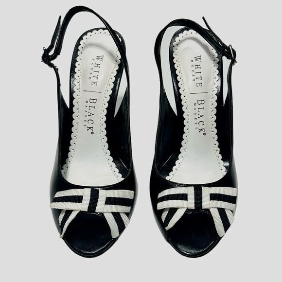 White House Black Market Shiny Black Slingback Heels White Bow Peep Toe Leather - Picture 3 of 9